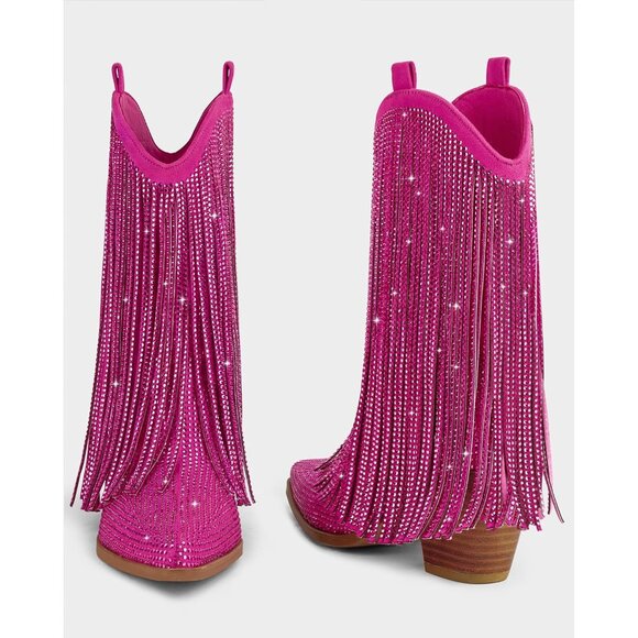 Women's Western Rhinestone Sparkly Fringe Chunky Heel Pointed Toe Ankle Boots - Picture 7 of 7